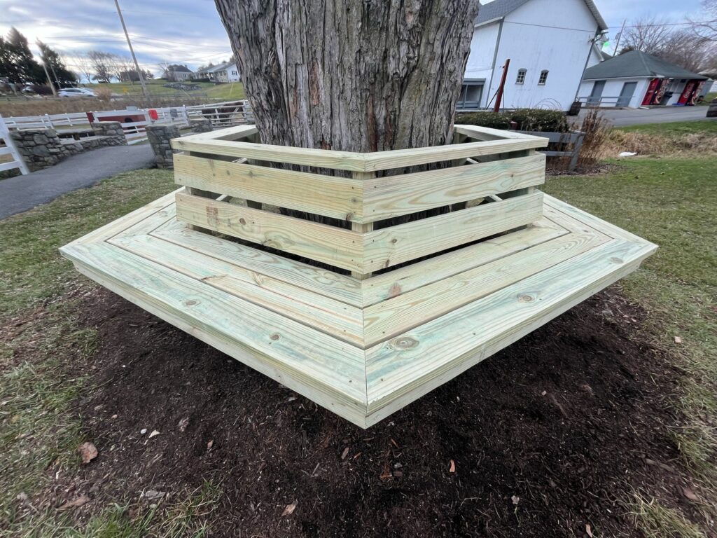 Custom Park Bench Installation In Strasburg, Pa 6 Wide View Of Custom Tree Bench